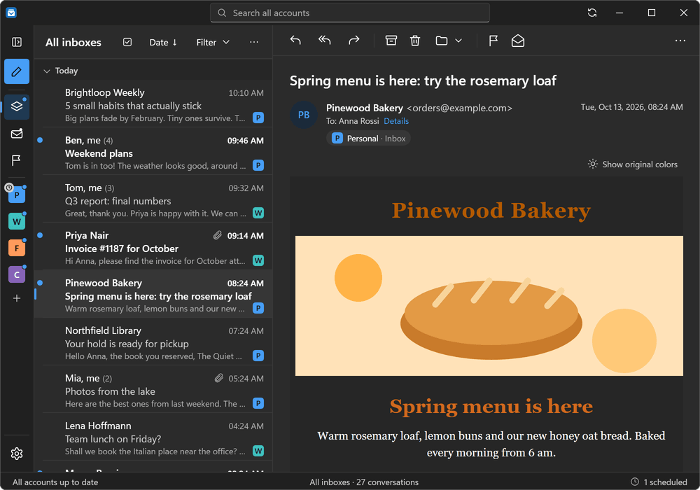 A bright email shown in dark mode inside Letterdock.