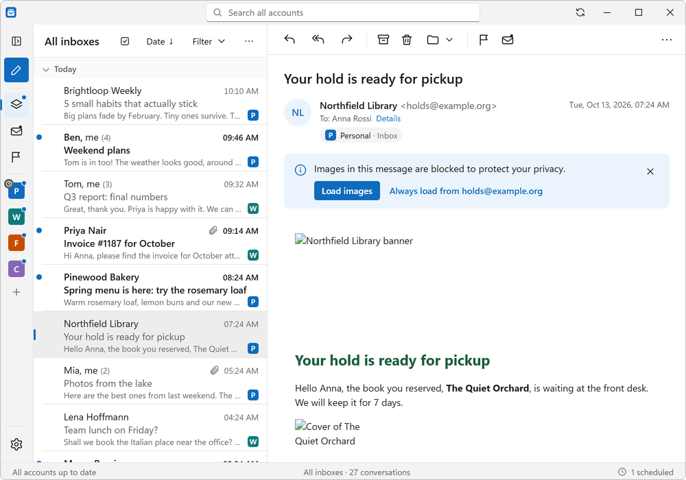 A banner explaining that pictures in an email are blocked, with buttons to allow them.