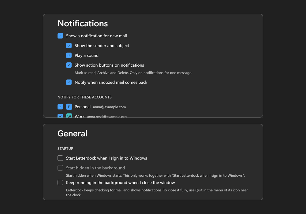 Settings for new mail notifications, and the option to keep running in the background when the window is closed.