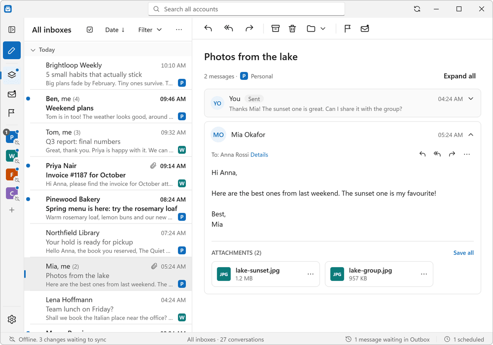Letterdock working without internet: mail is still readable and one message waits in the outbox.