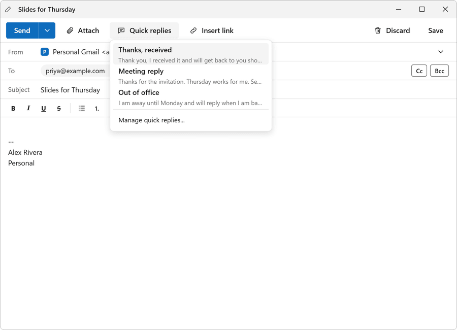 The Quick replies menu open in the compose window, with a list of saved replies.