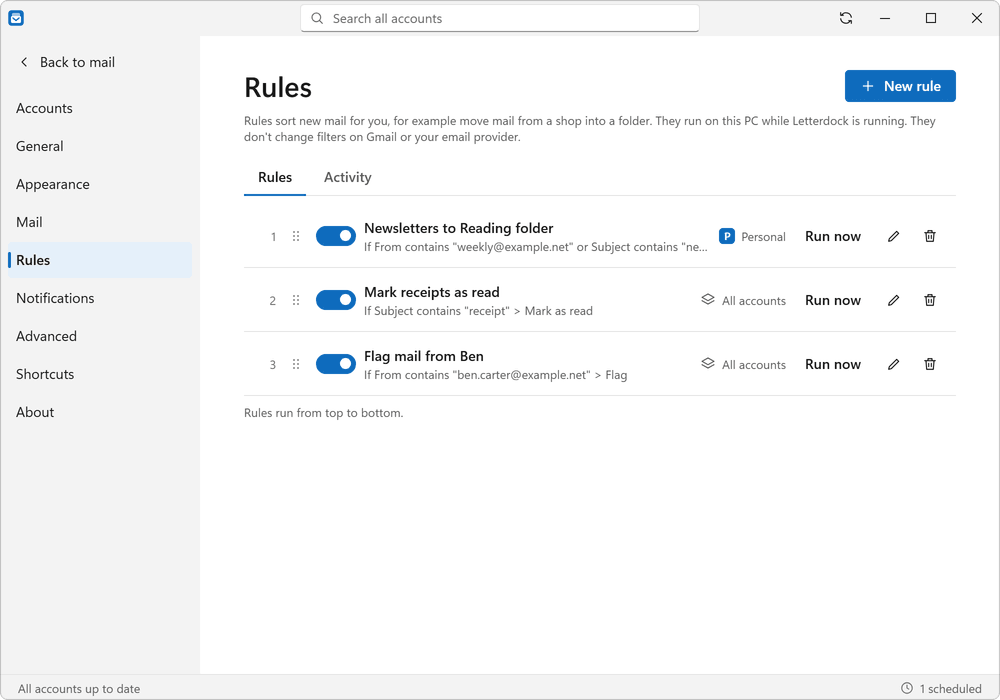 The Rules page in Settings with three rules that sort mail automatically.