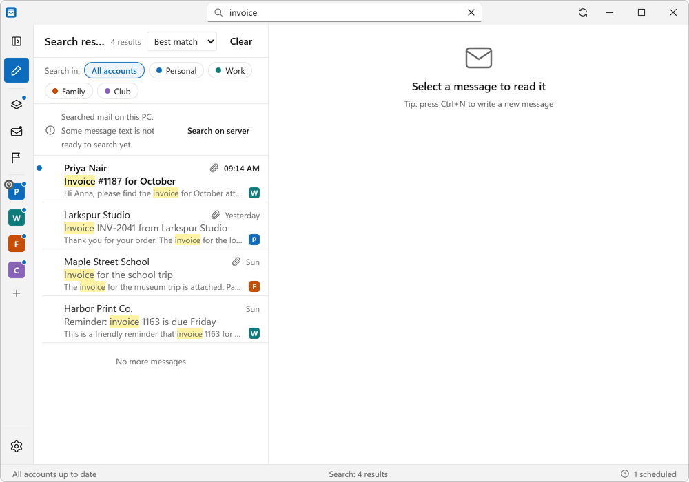 Searching 'invoice' and getting results from both accounts.
