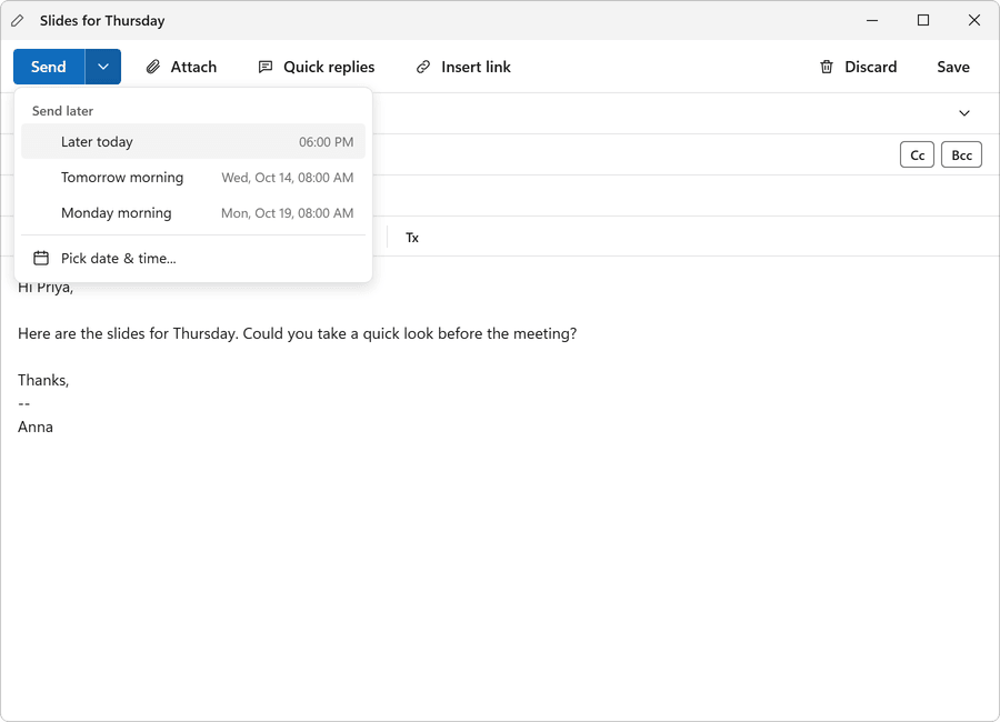 The compose window with the Send later menu open, showing times to choose from.