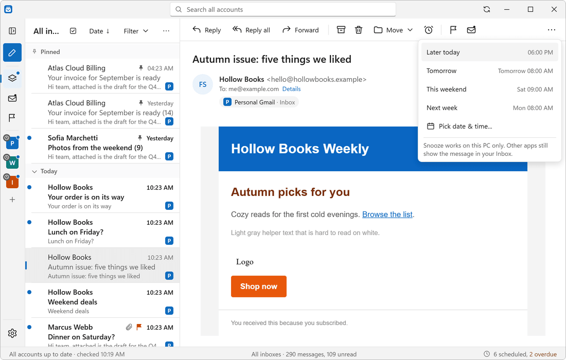 The Snooze menu open in the toolbar, with times like Tomorrow and Next week.