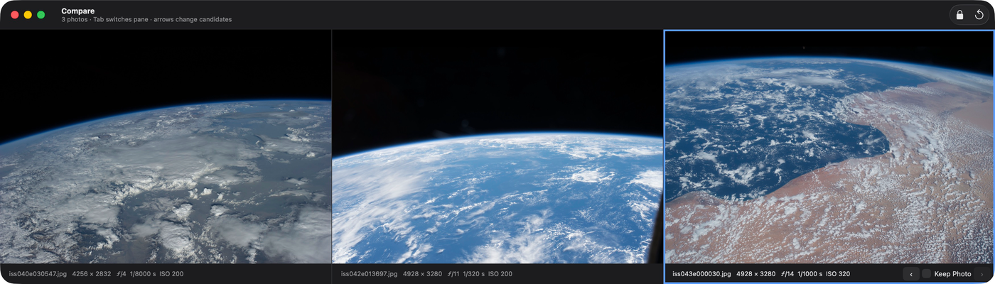 Three Earth-from-orbit photographs side by side in Shrike’s Compare window.