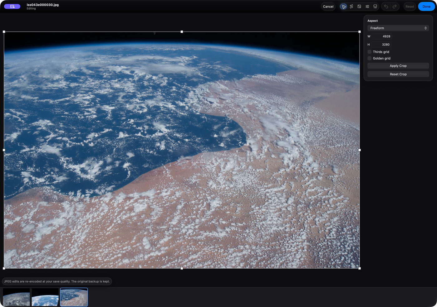 Shrike’s Crop tool around an Earth photograph, with dimension fields, Apply Crop and Done.